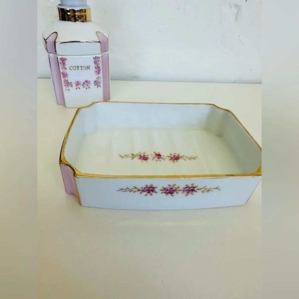1956 Lefton Vanity Dresser Bottles & Soap Dish Hand Painted Rhinestones/Cork Set